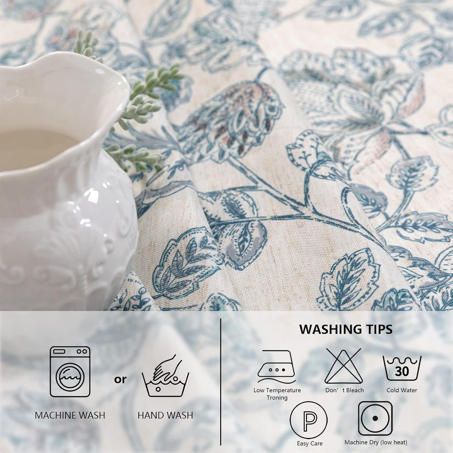 MYSKY HOME Waterproof Tablecloth Rectangle 60x102 Inch Rustic Burlap Tablecloth Spring Floral Linen Table Cover Farmhouse Decoration Rectangle/Oblong for Holiday, Dinner, Indoor and Outdoor Use, Blue