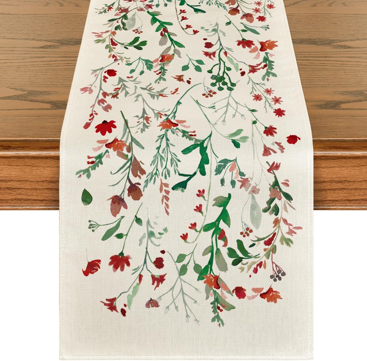 Artoid Mode Floral Leaves Christmas Table Runner, Wild Flowers and Grasses Winter Kitchen Dining Table Decoration for Home Party Decor 13x60 Inch