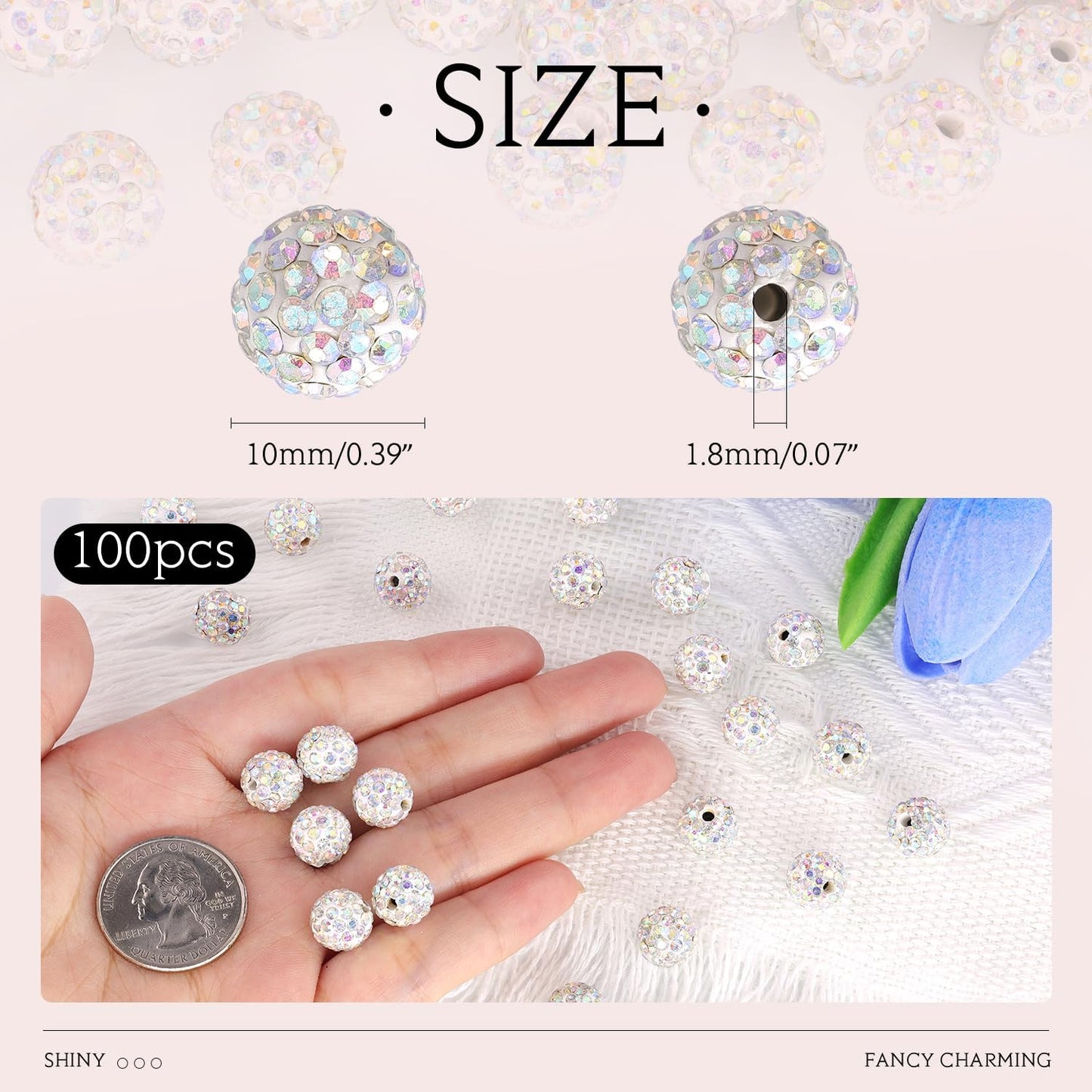 100 pcs 10mm Rhinestone Beads for Jewelry Making, Crystal AB Shiny Round Shamballa Disco Beads Bulk, Sparkle Crystal Clay Christmas for Bracelet Baseball Necklace Earring Crafting and DIY