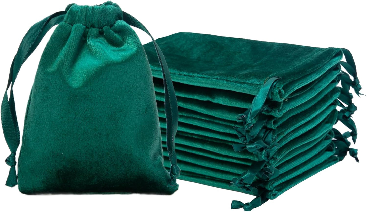 QIANF 12pcs Hunter Green Velvet Drawstring Bags 3x4 inches Mini Velvet Cloth Gift Bags Jewelry Pouches for Storage Wedding Party Favor Christmas