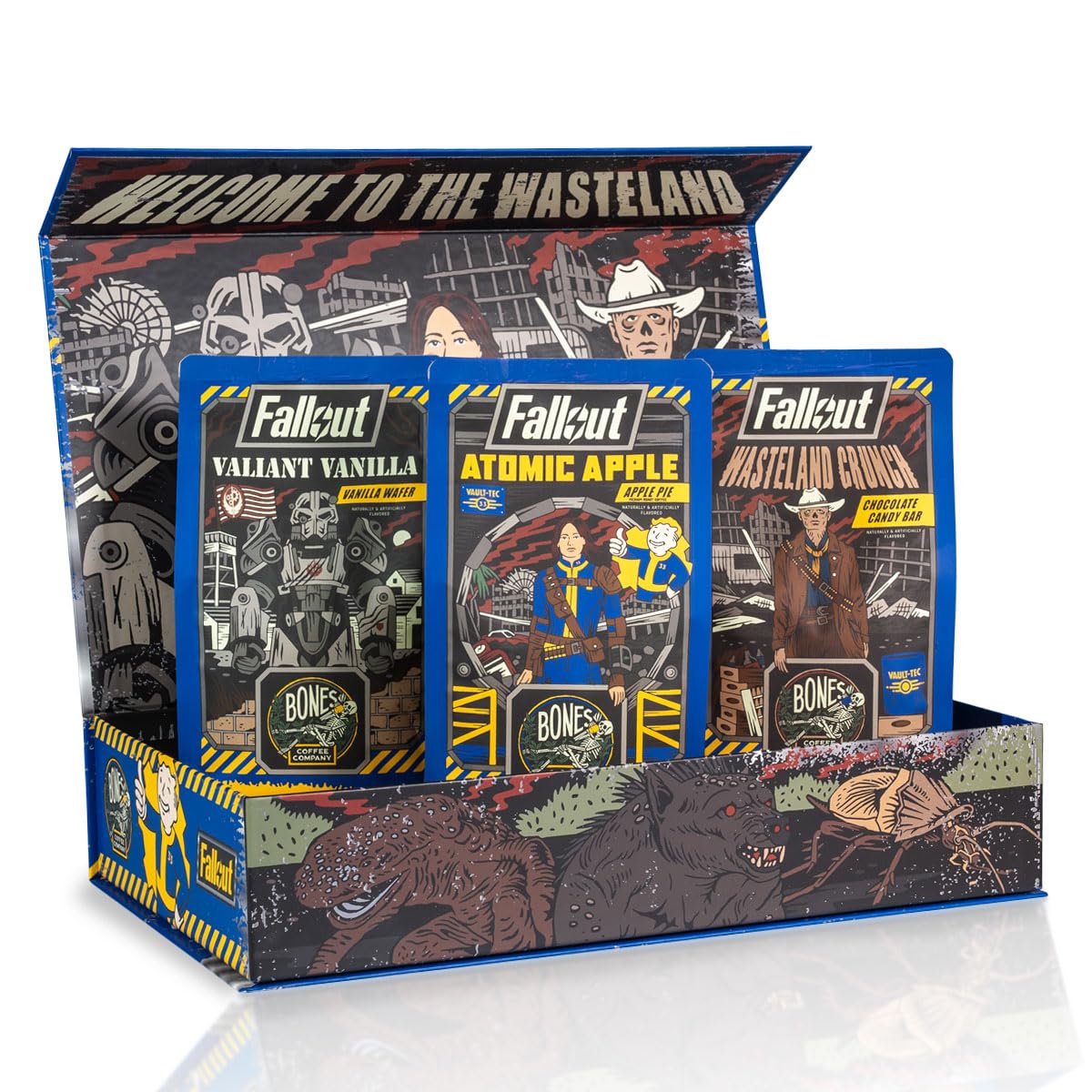 Bones Coffee Company Fallout Collector's Box Flavored Coffee, Low Acid Medium Roast Arabica Beans Coffee Gifts, Fallout Series Inspired, For Auto Drip and French Press,12 oz Pack of 3 Whole Bean