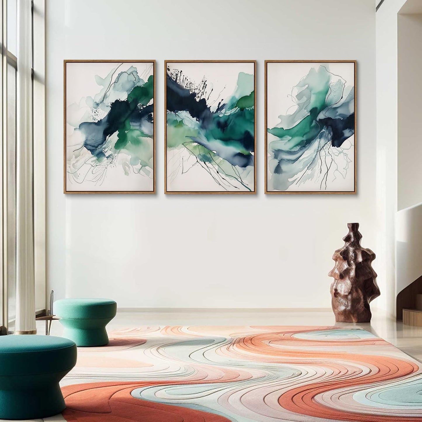 myusuar 3 Piece Large Abstract Framed Wall Art For Living Room, Smoke Texture Ink Emerald Green Canvas Wall Art Modern Minimalist Art Prints Wall Décor For Bedroom Office 12x16in
