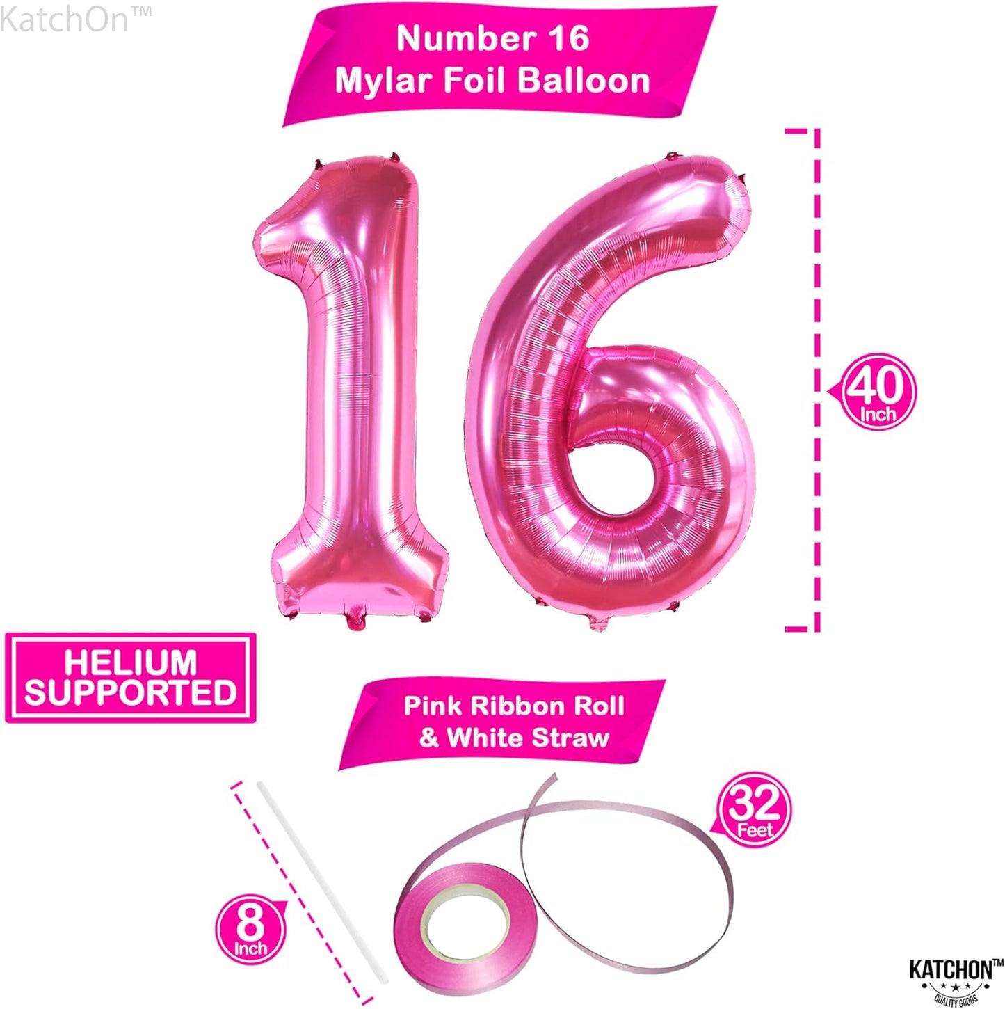 KatchOn, Hot Pink 16 Balloon Numbers - Huge, 40 Inch | Sweet 16 Decorations Hot Pink | Number 16 Balloons, Sweet 16 Party Decorations Pink | 16th Pink Party Decor, 16th Birthday Decorations