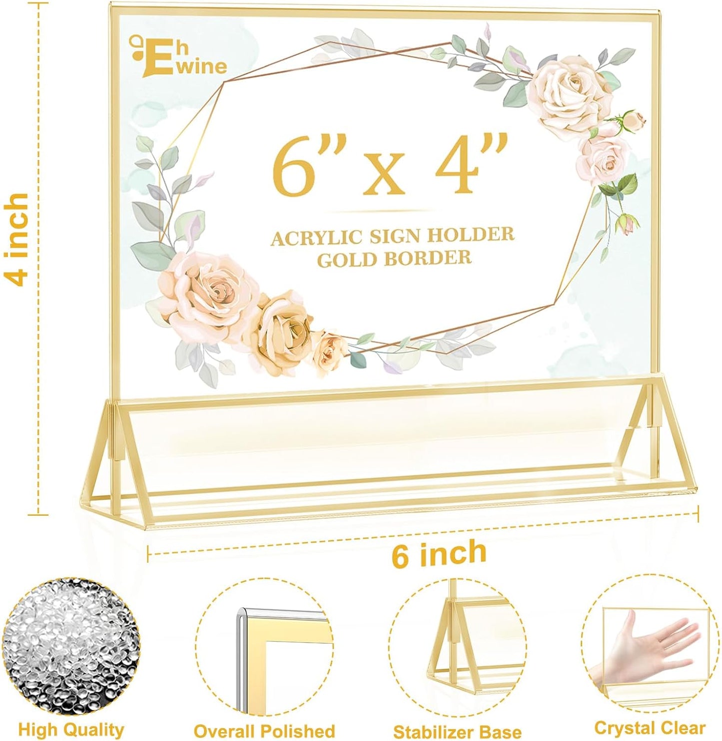 EHWINE 6 Pack Acrylic Sign Holder 4 x 6 Horizontal, Double-Sided Stand up Table Top Sign Holders, Gold Acrylic Picture Frame Menu Flyer Paper Holder Display Stand for Office Business Store Wedding Party