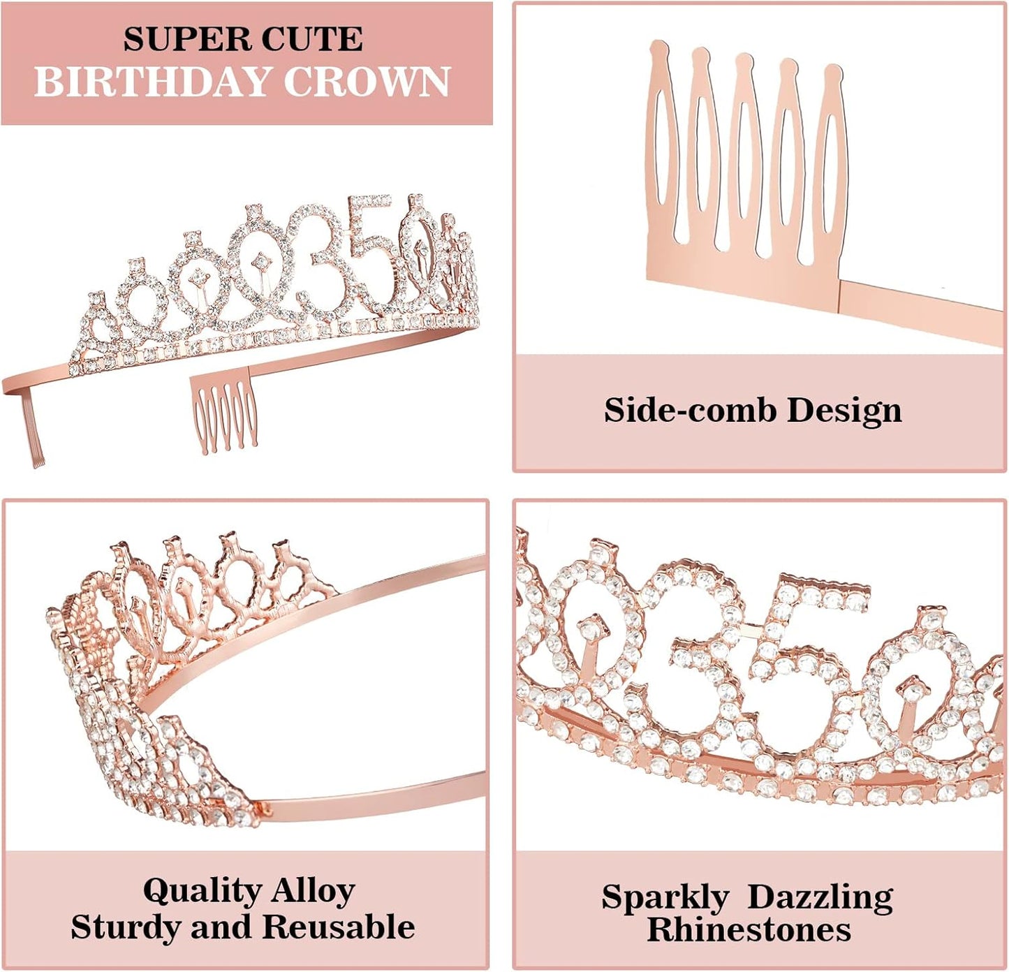 35th Birthday Decorations for Women Including Sash, Tiara/Crown, Numeral Candles and Cake Topper, Rose Gold 35th Birthday Gifts for Women, Rose Gold Party Decor Supplies