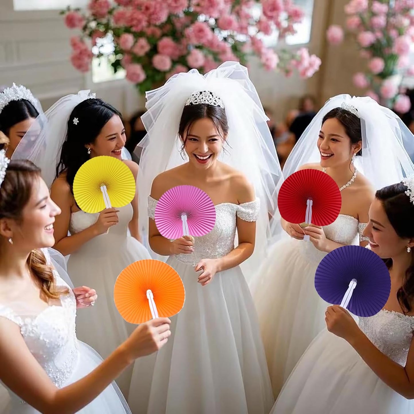 12 Packs Decorative Paper Folding Hand Fans Handheld,Blue Round Foldable Wedding Fans Chinese and Japanese Fans Bulk for Bridal Guest Church Party Favors Dancing Birthday DIY