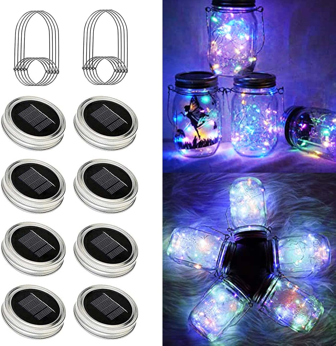 8 Pack Solar Outdoor Fairy Star Firefly Jar Lids Lights,Solar Fairy String Lids Lights（No Jars）,Waterproof Lantern Mason String Solar Lights with Hangers for Regular Mouth Jars