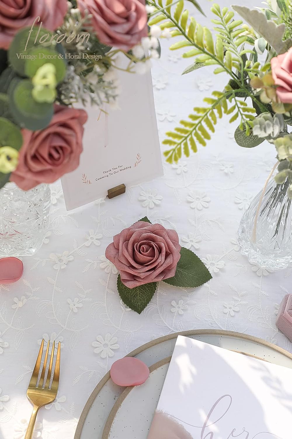 Floroom Artificial Flowers 25pcs Real Looking Dusty Rose Foam Fake Roses with Stems for DIY Wedding Bouquets Bridal Shower Centerpieces Floral Arrangements Party Tables Home Decorations