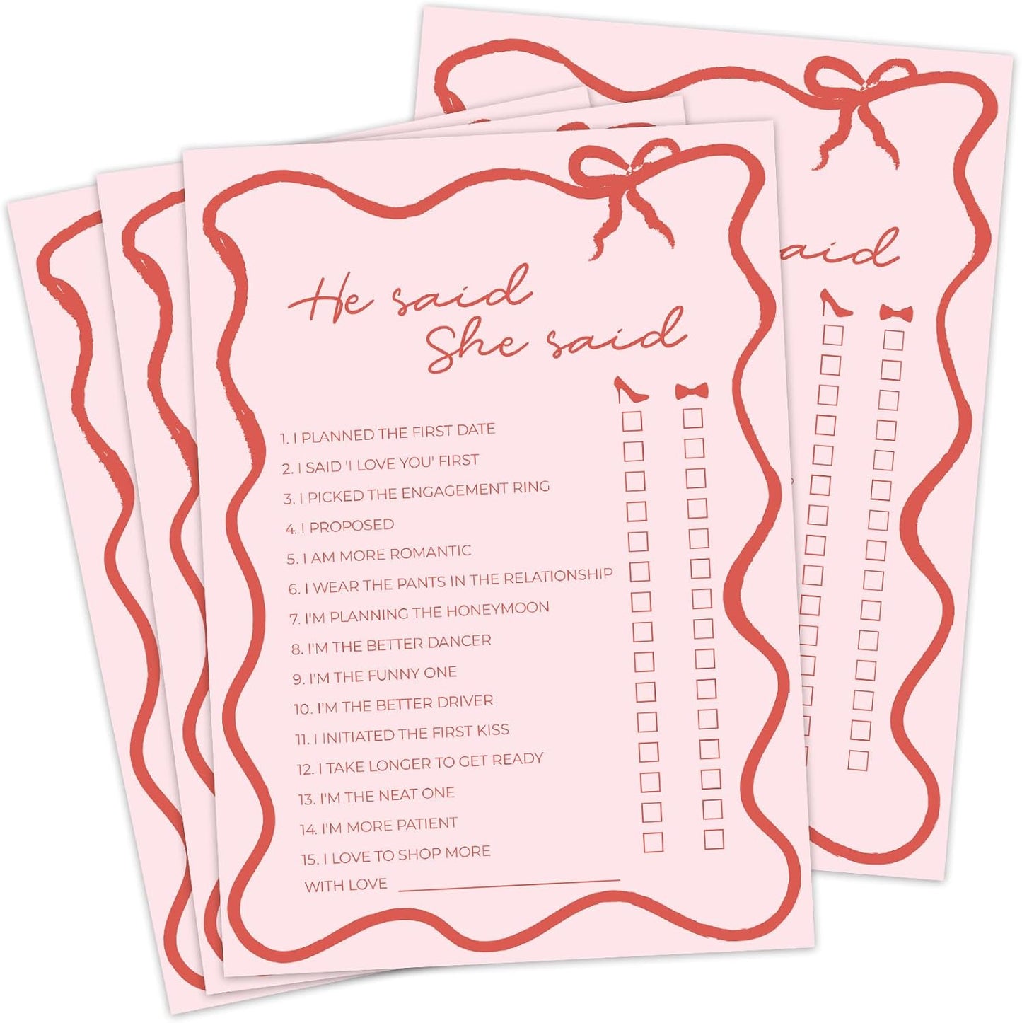 DEEKA 30 PCS Bridal Shower Games Card for 30 Guests Pink Wavy Border Ribbon Bow Funny Wedding Bachelorette Party Games for Reception (He Said She Said)
