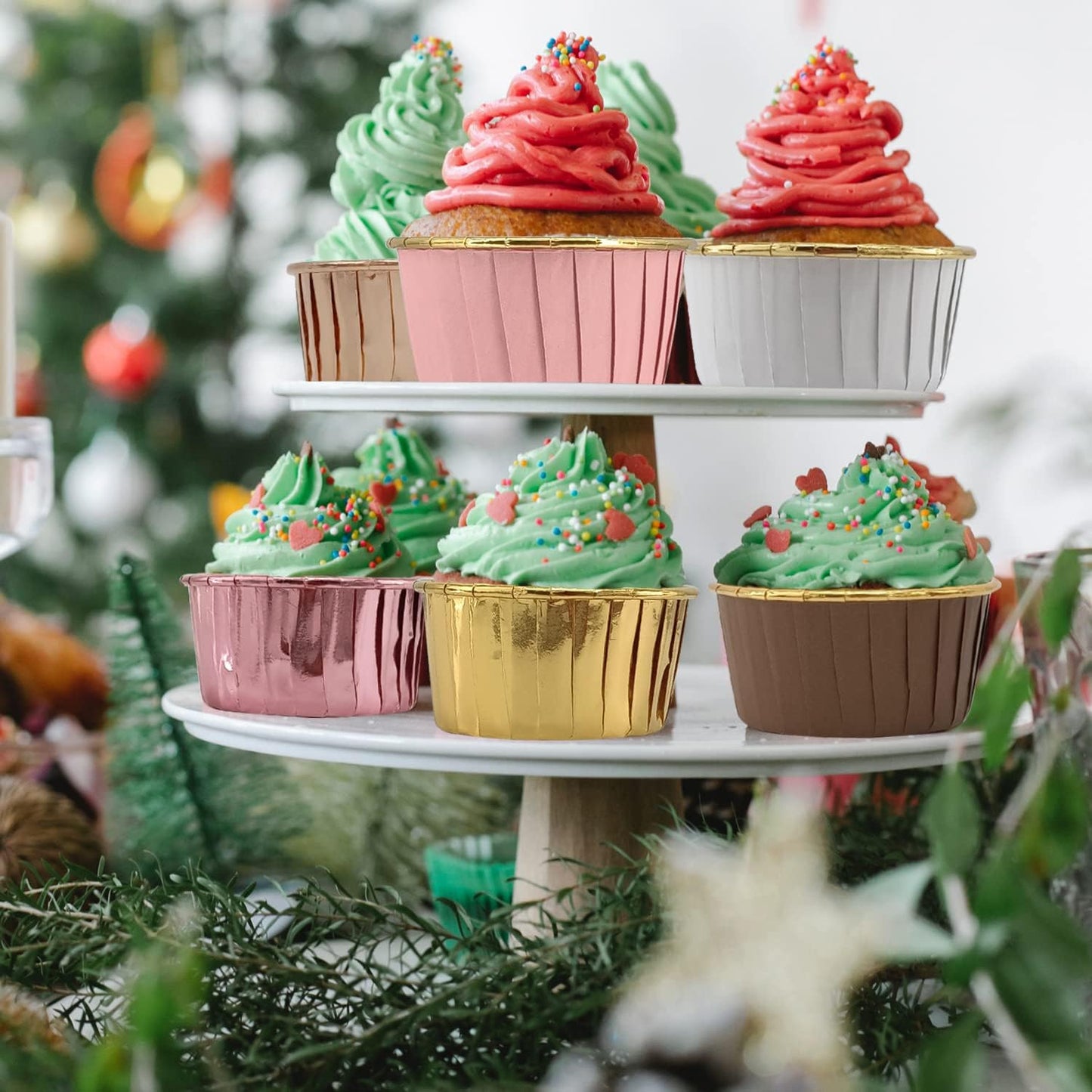 Muffin Cups with Lids 100Pack,Free-Air 3.5Oz Foil Cupcake Liners,Mini Muffin Liners Cupcake Baking Cups,Disposable Muffin Tins Cupcake Wrappers,with Spoons-Brown in gold