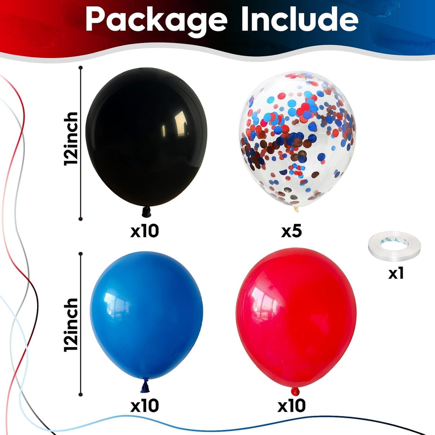Red Blue Black Balloons, 12 Inch Royal Blue Red Confetti Latex Balloon with Black Helium Balloon Kit for Boys Spider Cool Man Halooween Theme Birthday Decor Graduation Party Decoration Supplies