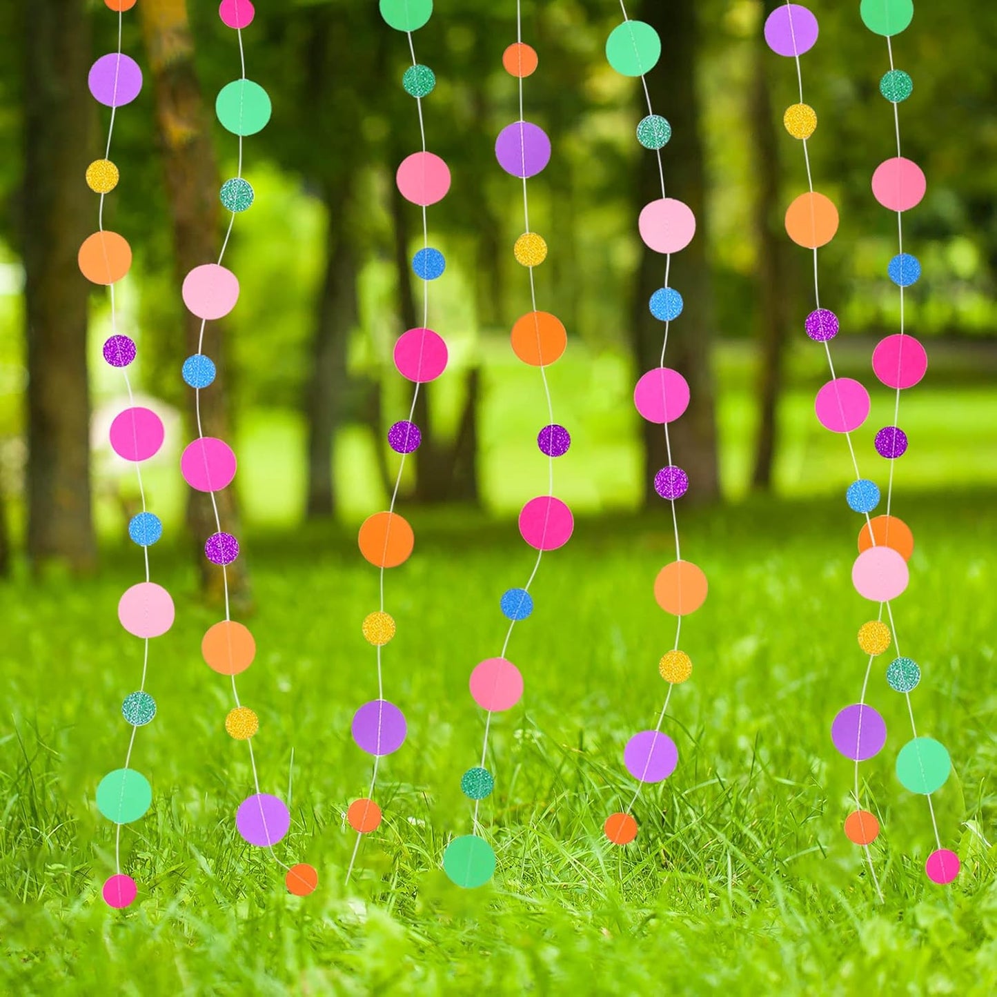 Outus 10 Pieces Colorful Dots Paper Garland Round Glitter Garland Hanging Confetti Streamers Backdrop for Candy Birthday Classroom Halloween Trunk or Treat Car Decoration (Rainbow)
