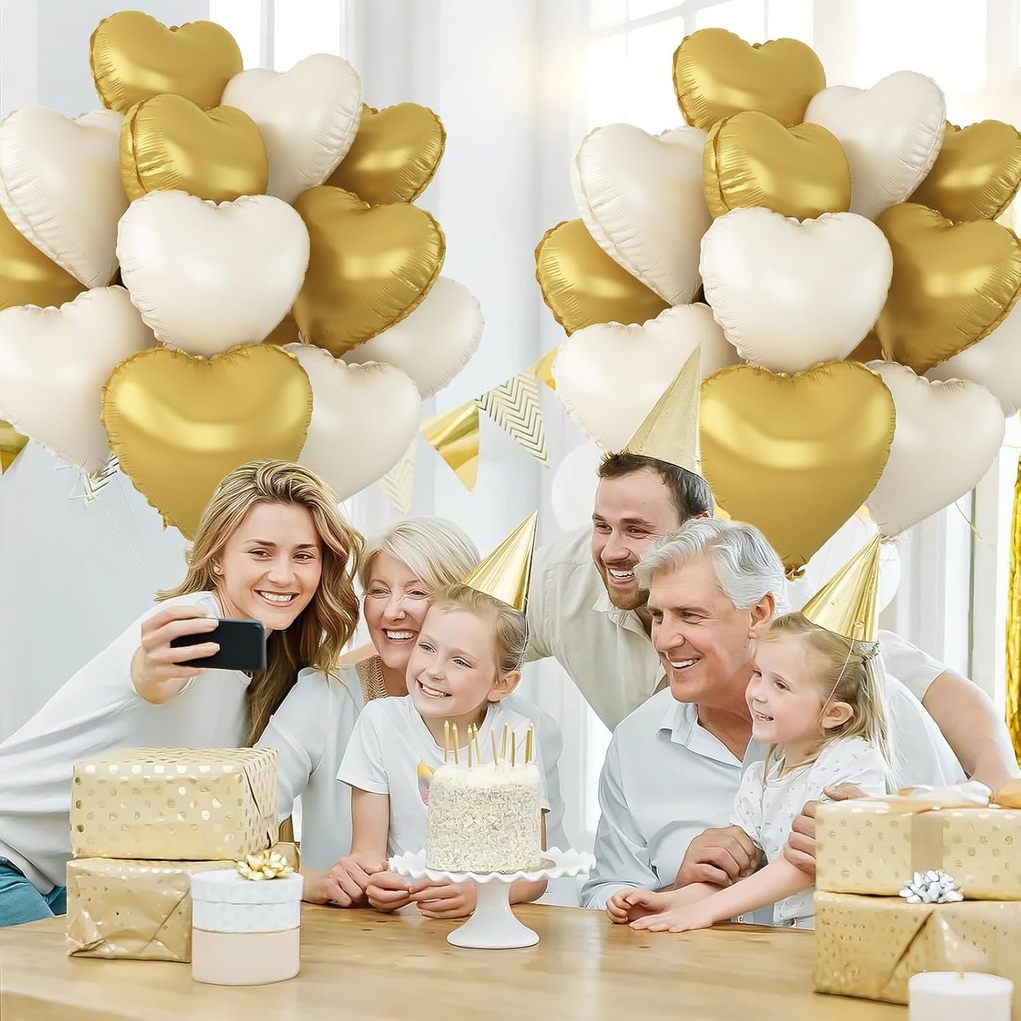 Sand White Gold Heart Balloons,12Pcs 18Inch Cream White Metallic Gold Heart Shaped Foil Helium Foil Balloons for Baby Shower Birthday Anniversary Wedding Engagement Party Decorations