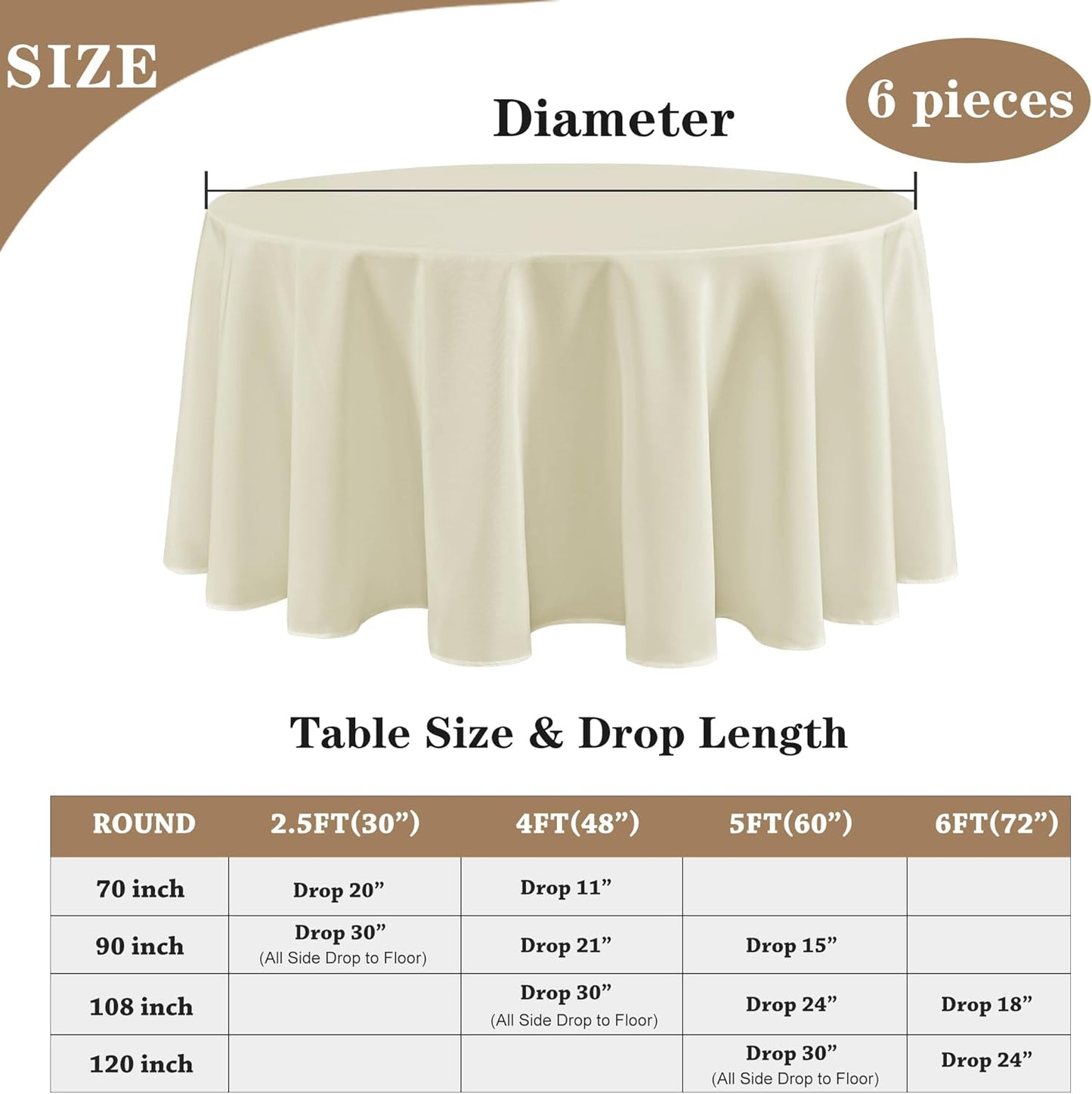 Fitable 6 Pack Ivory Round Table Clothes - 70 Inches in Diameter - Stain Resistant and Washable Tablecloths, Polyester Fabric Table Covers for Wedding, Party, Banquet, Gathering