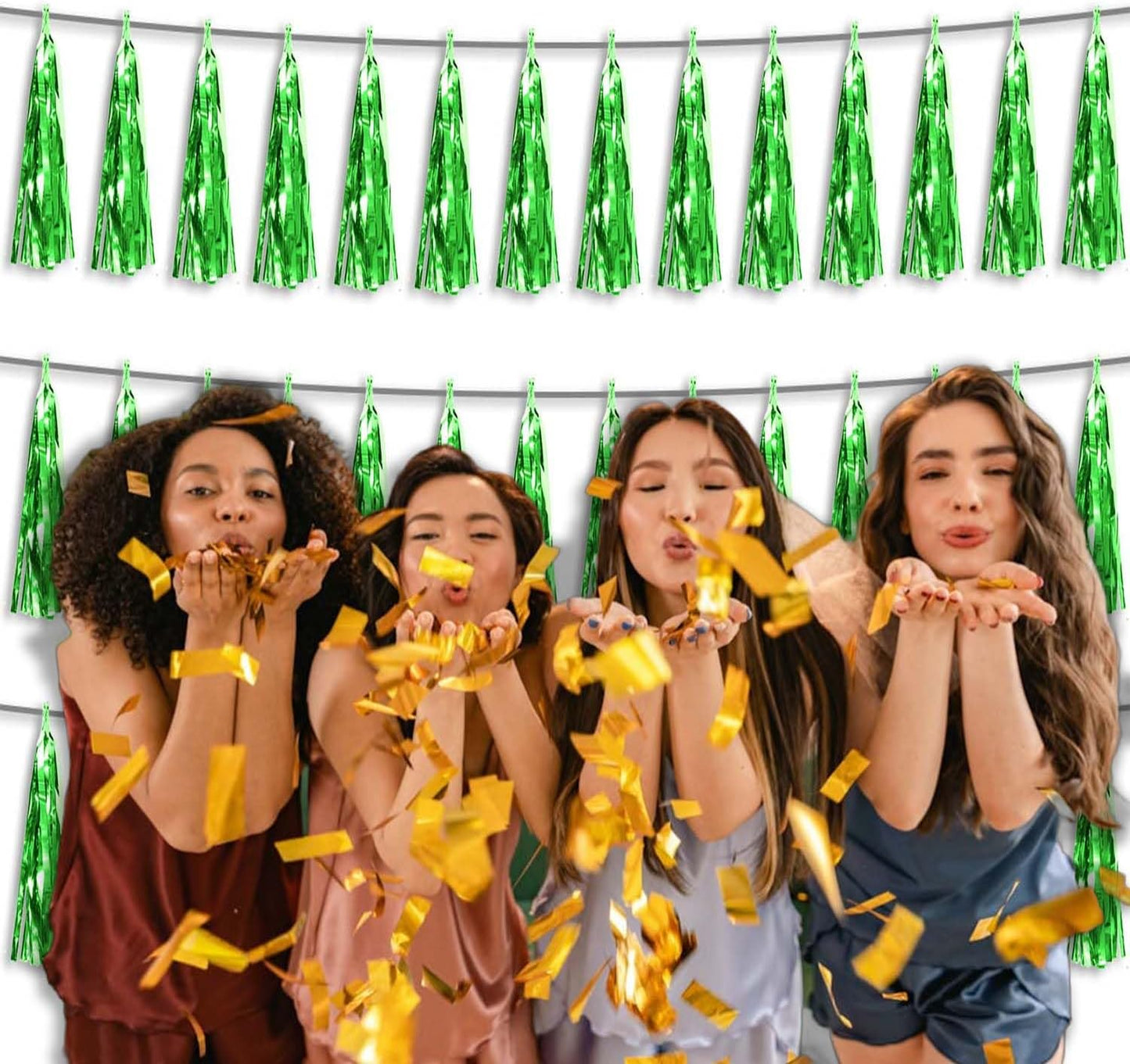 3P Metallic Fringe Tassel Banner Garland Foil Tinsel Streamer Wall Hanging Curtain Backdrop Banner for Parade Floats, Graduation Decorations, Father's Day Party Decoration(Green)