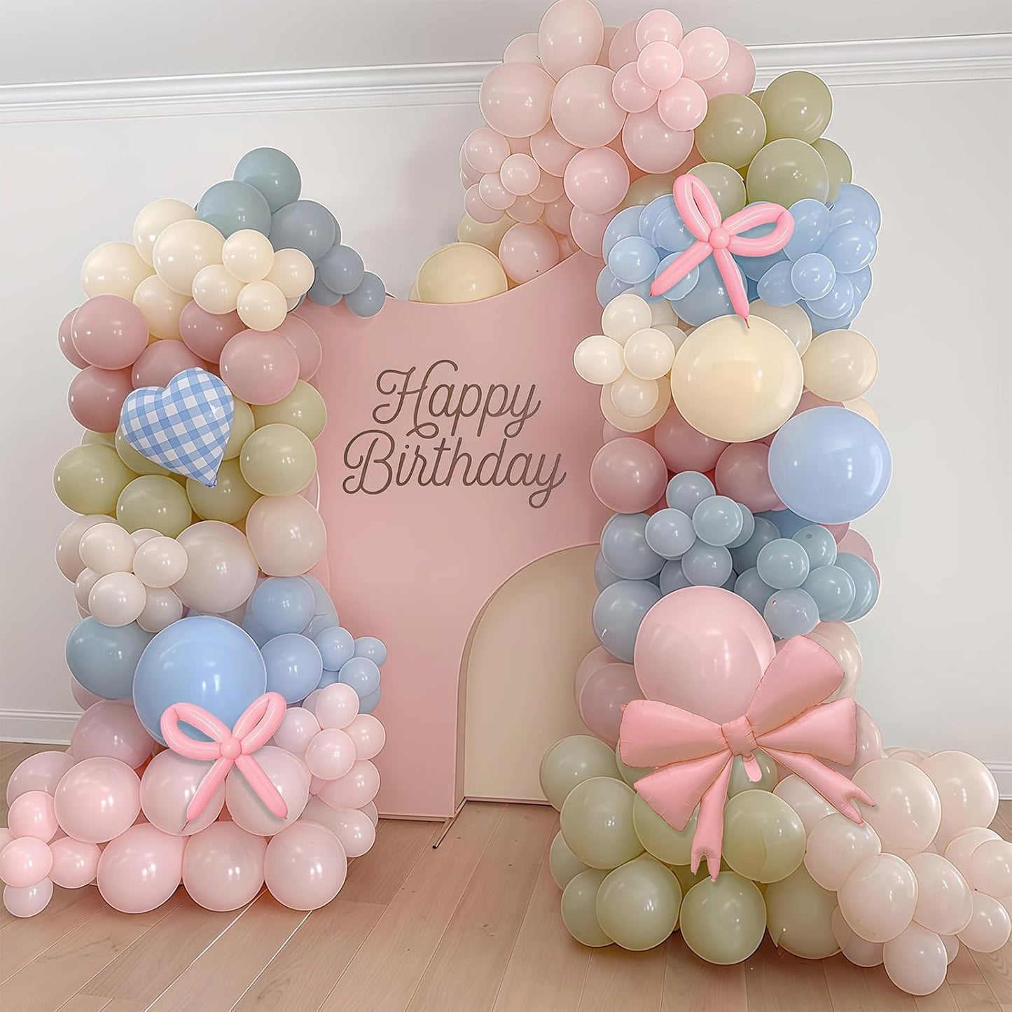 Goose Balloon Arch Kit Pastel Pink Blue Sage Green Balloons Garland with Bow Gingham Heart Foil Goose Birthday Decorations Girls Dusty Pink Blue Olive Yellow Duck Baby Shower Gender Reveal Party Decor