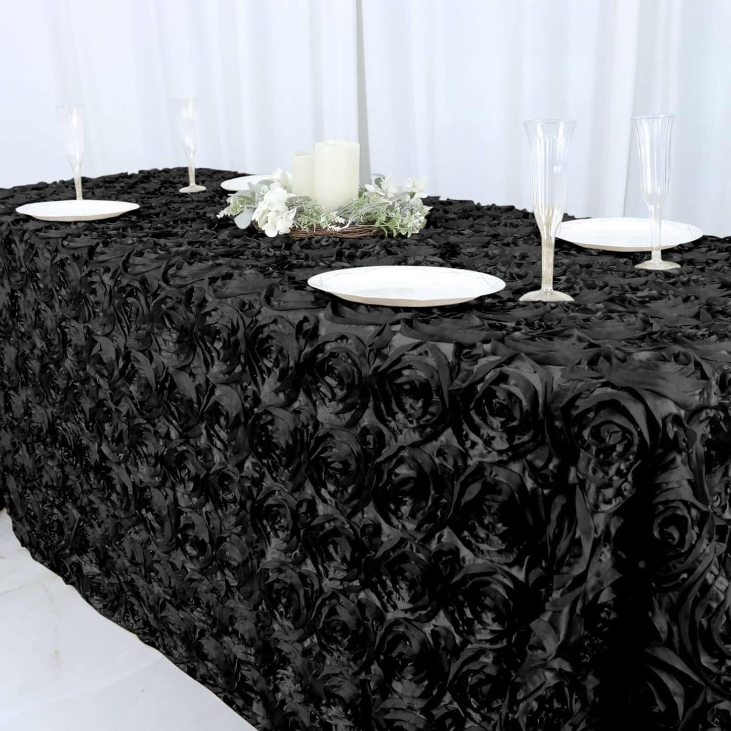 Efavormart 90"x132" Wholesale Rectangle Table Cover Black Grandiose Rosette 3D Satin Tablecloth for Wedding Party Event