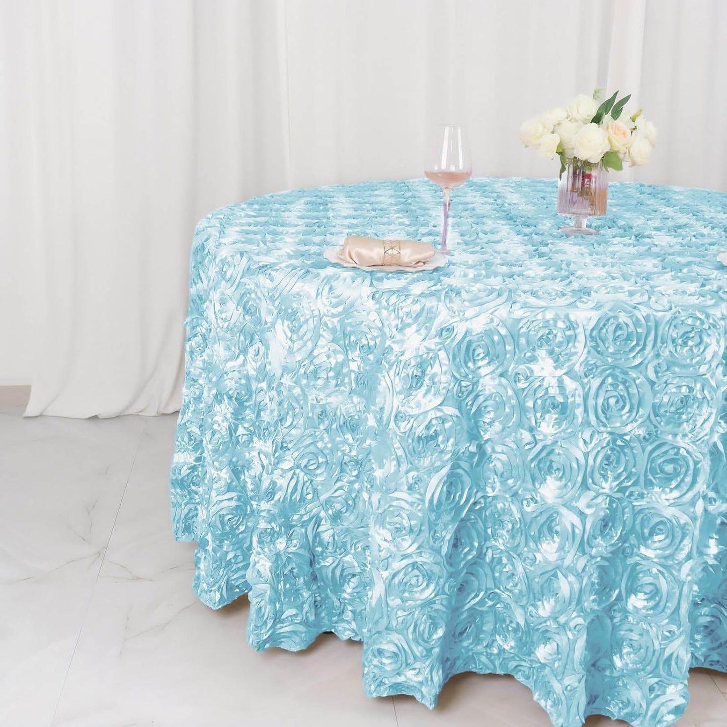 Efavormart 120" Wholesale Round Table Cover Light Blue Grandiose Rosette 3D Satin Tablecloth for Wedding Party Event Decoration