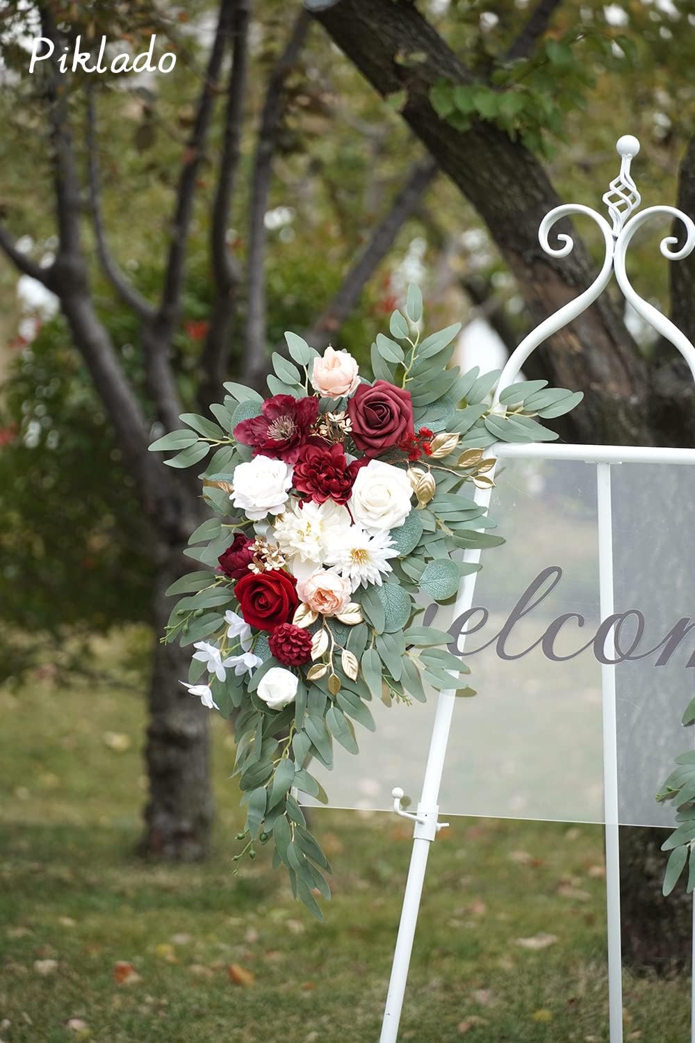 Faux Flower Swag Set of 2 for Wedding Welcome Signs Floral Swag Wedding Reception Ceremony Signs Decor (Red)