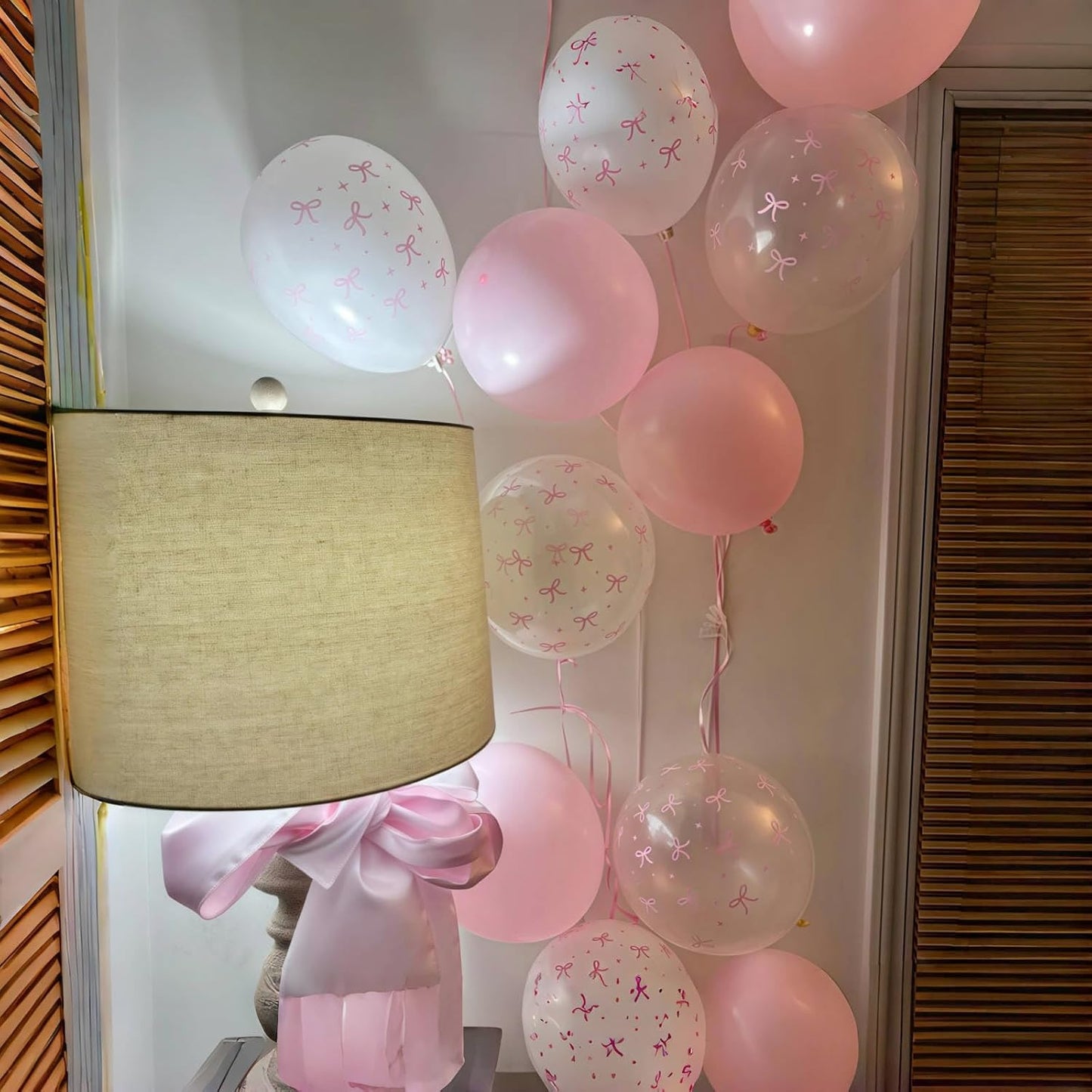 Pink Bow Balloons, 12 Inch Pastel Light Pink Transparent White Bow Print Coquette Balloon for Girls Women Birthday Bachelorette Party Bridal Baby Shower Wedding Anniversary Decorations Supplies
