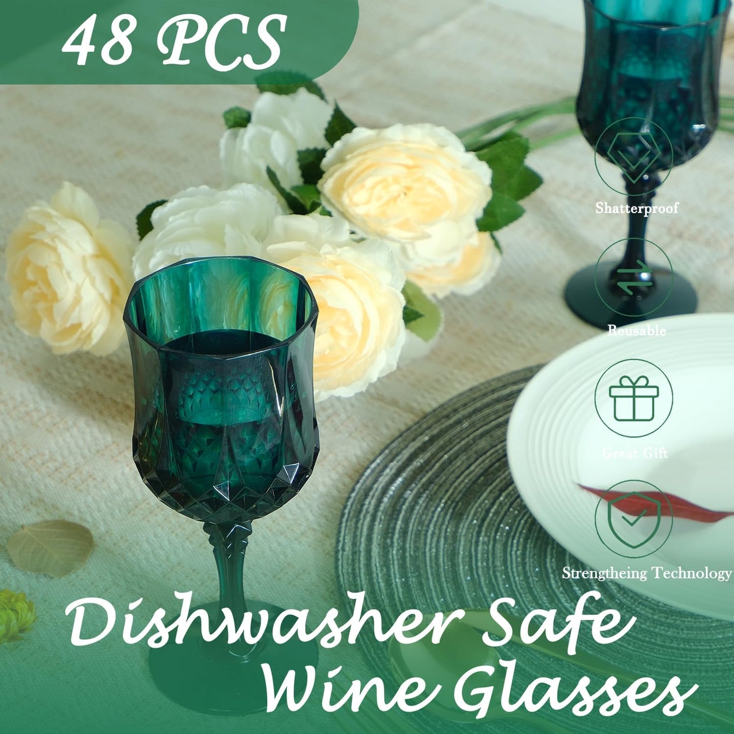 Plastic Wine Glasses，Plastic Goblets Vintage Style Cordial Drinking Glasses for Wedding Reception, Christmas Grand Event Party Supplies (48, Green)
