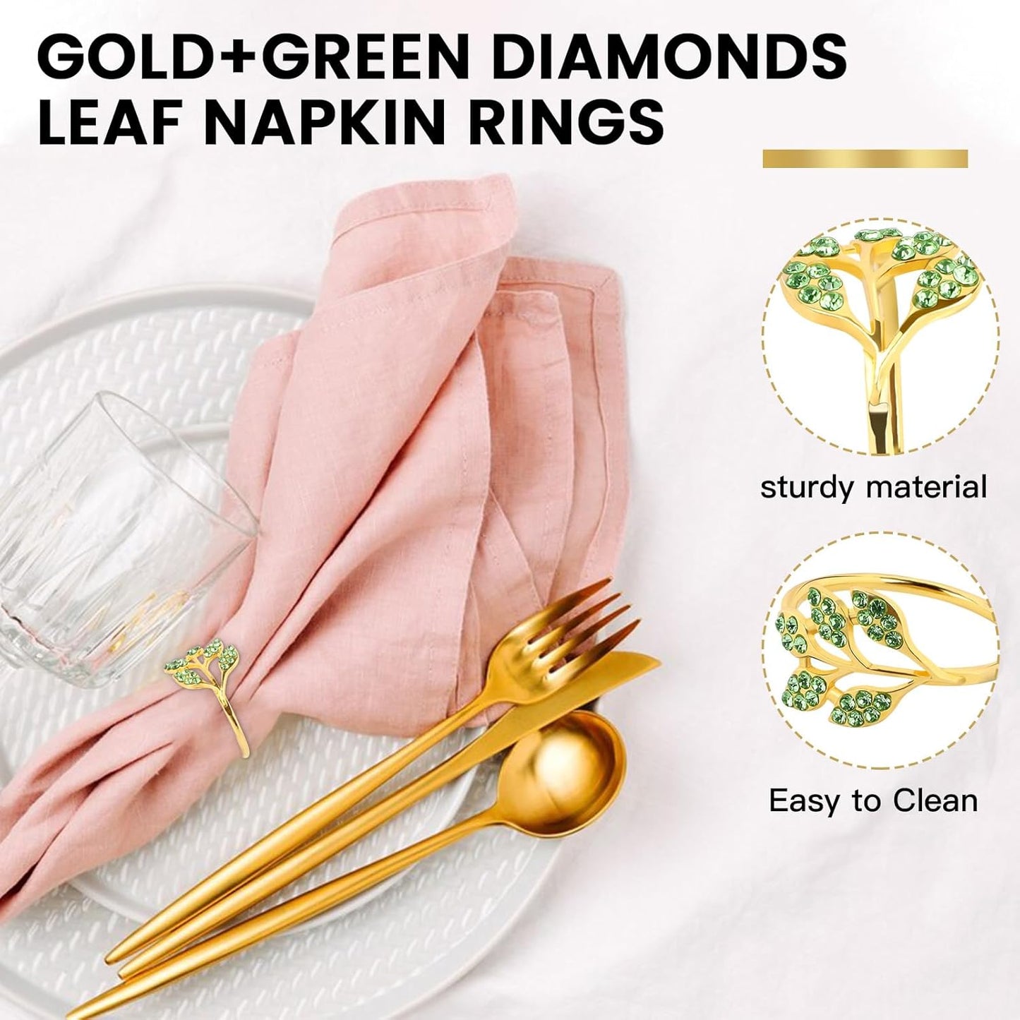 Gold Napkin Rings Set of 10,Napkin Rings Holder Buckles,Thanksgiving Christmas Napkin Ring Alloy Leaf Diamonds Napkin Ring for Dining Table Decor Wedding,Dinner Party Decorations Green Diamonds 10pcs