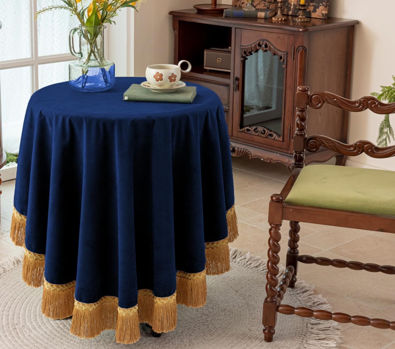 F-CHU Blue Tablecloth Thickset Velvet Tablecloth with Beautiful Gold Tassels Vintage Table Cloth for Home Decor Wedding, Party, Banquet and Events 70" Round