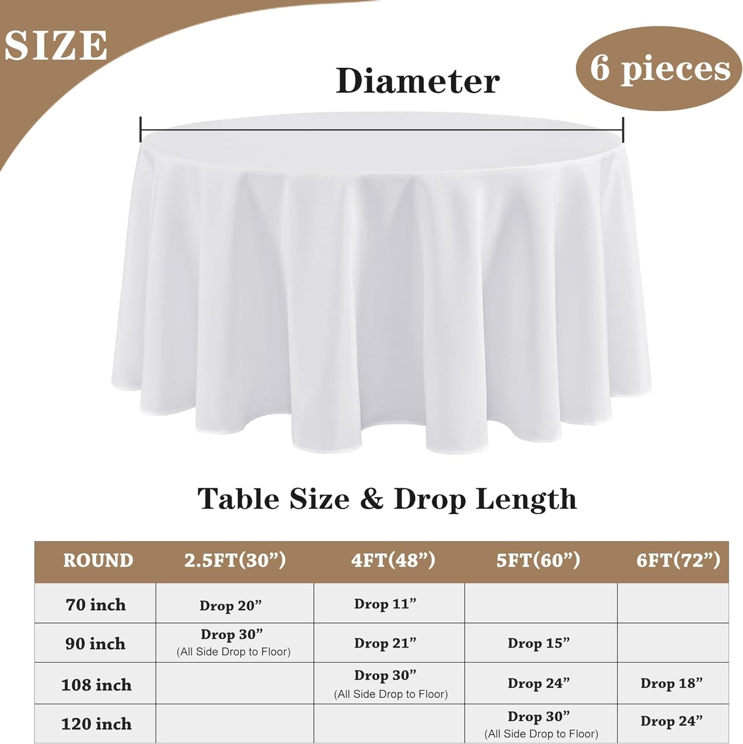 Fitable 6 Pack White Tablecloths for Round Tables - 108 Inches in Diameter - Stain Resistant and Washable Table Clothes, Polyester Fabric Table Covers for Wedding, Party, Banquet, Formal Events