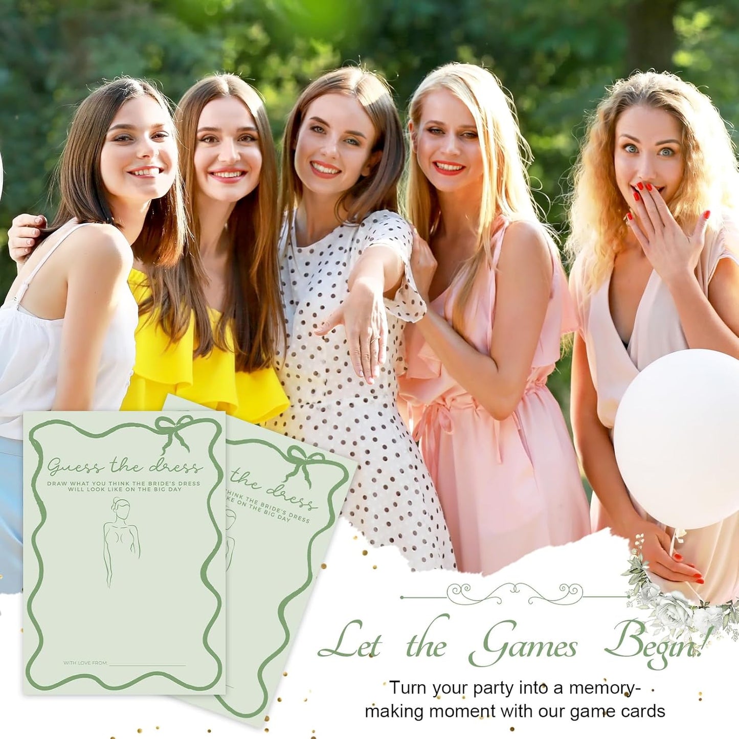 DEEKA 30 PCS Bridal Shower Games Card for 30 Guests Sage Green Wavy Border Ribbon Bow Funny Wedding Bachelorette Party Games for Reception (Guess The Dress)
