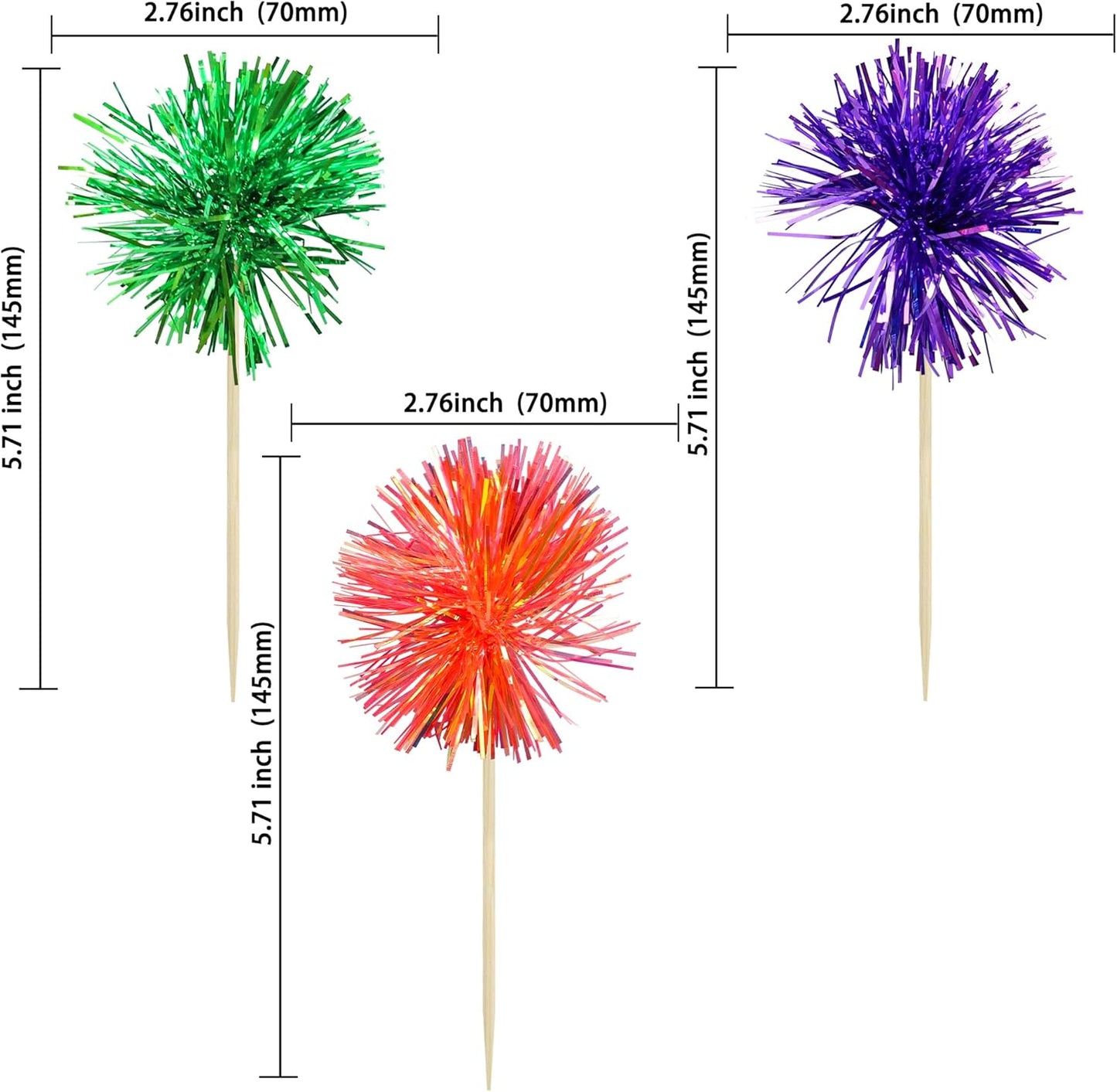 Gyufise 30Pcs Foil Firework Cupcake Toppers Sparkle Tinsel Cake Toppers Tinsel Drink Cake Decoration Cocktail Picks for Halloween Birthday Wedding Graduation Party Supplies Purple Green Orange