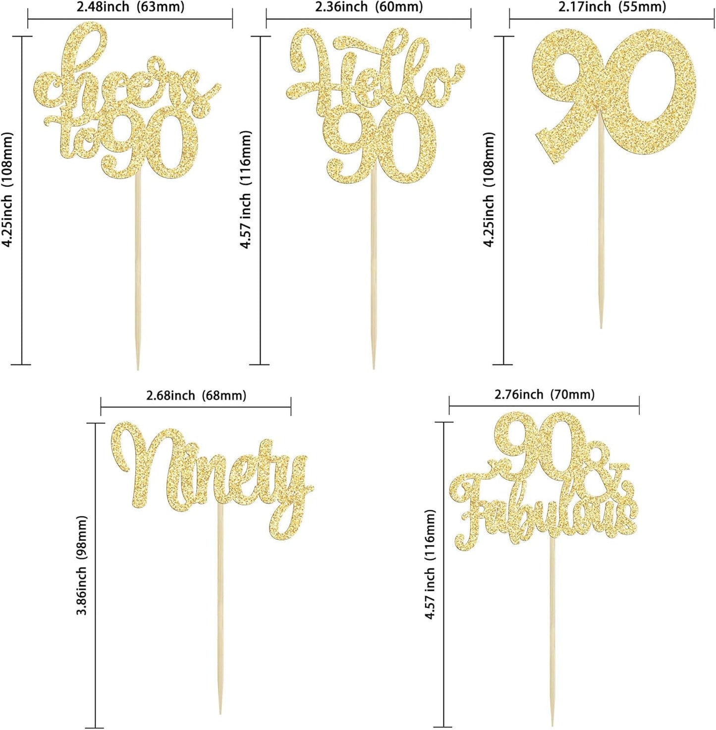 30pcs Happy 90th Birthday Cupcake Toppers - Gold Glitter Ninety Cheers to 90 Years Old Cupcake Picks for Anniversary Party Cake Decorations
