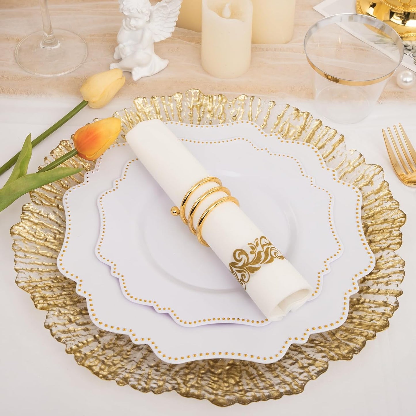 COLOSUS 175pcs Plastic Party Plates Disposable Plastic Dinnerware set. 25guests White Gold Dinner & Dessert Plates with Silverware Cups and Napkins for Party Dinner and Wedding