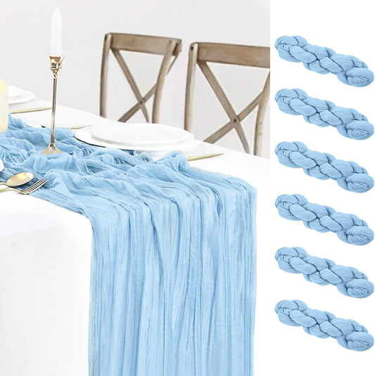6 Pack Baby Blue Cheesecloth Table Runner 120 inch Gauze Cheese Cloth Table Runner Light Blue 10FT Boho Sheer Runner for Wedding Party Baby Shower Birthday Boy's Room Home Decor