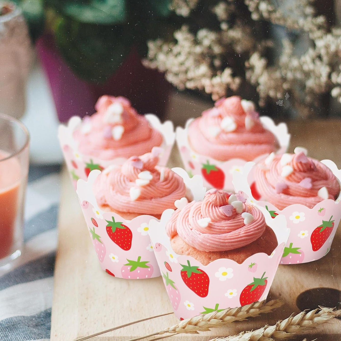 Whaline 36Pcs Strawberry Cupcake Wrappers Red Pink Strawberry Flower Cupcake Liners Decorative Cupcake Holders for Birthday Baby Shower Party Cake Decoration