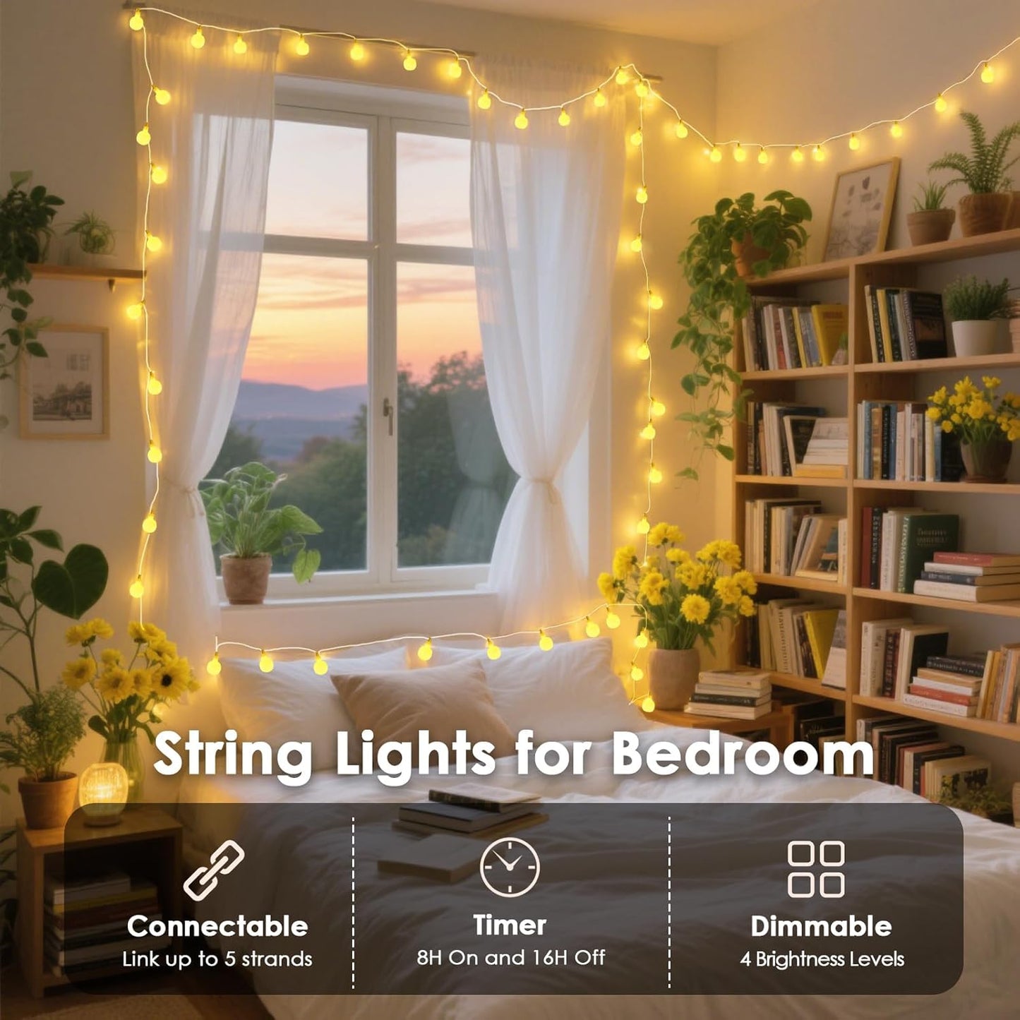 200LED Connectable String Lights Indoor Outdoor for Bedroom, 66ft Fairy Lights with Remote & Timer, Plug in 8 Modes Waterproof Globe Hanging Twinkle Light for Room Classroom Wedding Decor, Warm White