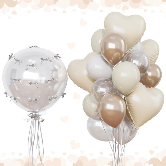 Cream White and Gold Balloons Beige Heart Balloon as Engagement Party Decorations, Metallic Champagne Gold and Sand White Nude Balloons 18 inch Clear Heart Shape Foil Balloon as Bride Wedding Decor
