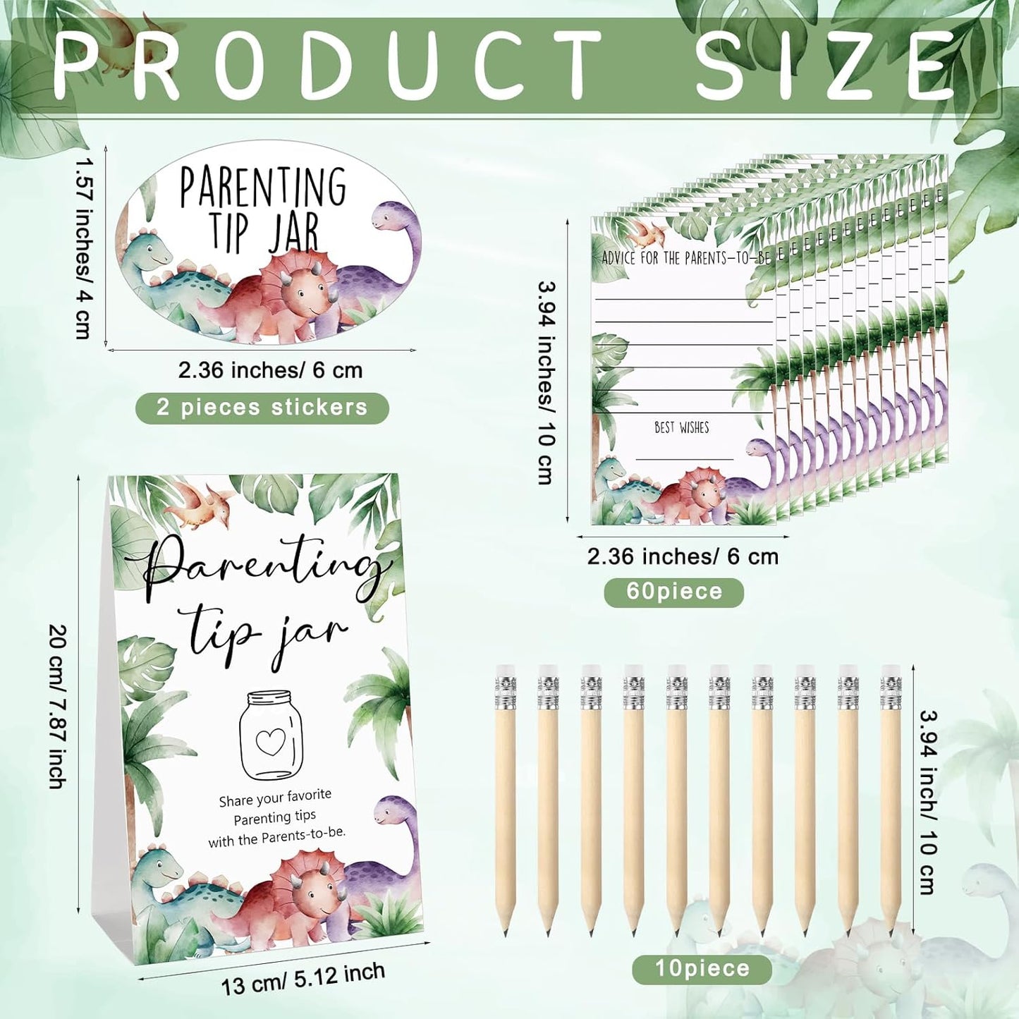 Roowest Baby Shower to Baby Advice Cards for New Parents to Be - Tip Jar Sign for New Parents 60 Parenting Advice Cards 10 HB Pencils 2 Cute Stickers 1 Pet Bottle for Guests Games(Dinosaur)