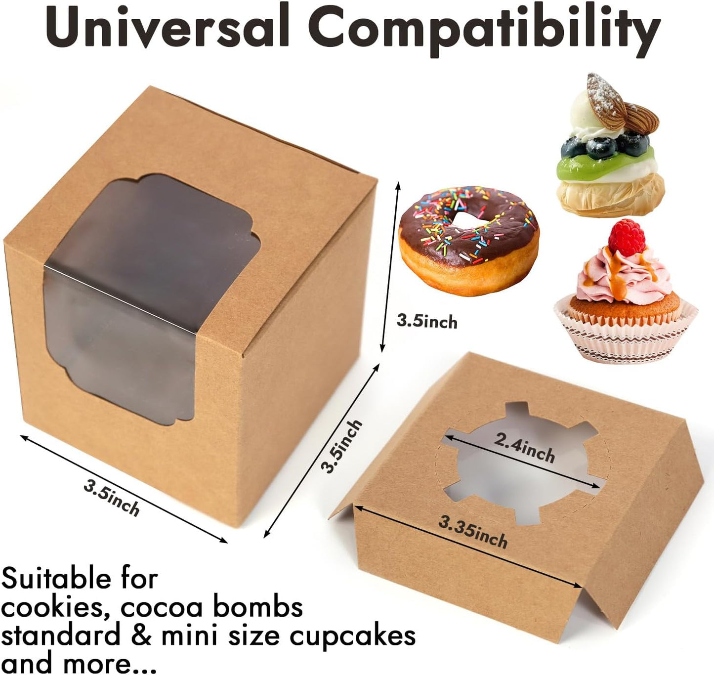 JCD 70 Packs 3.5" x 3.5" x 3.5"Pop up Cookie Boxes Kraft Brown Cupcake Individual Bulk Paper Cupcake Containers Single with Insert and Window,Cocoa Bombs Box for Bakery Gift (Brown/70Pcs)