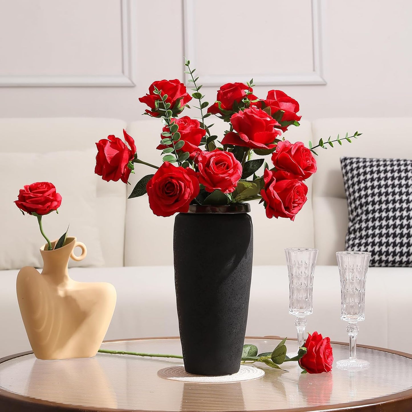 Tifuly 12 Pcs Red Roses Artificial Flowers,Realistic Long Stem Fake Silk Roses Bouquet for Party Home Wedding Centerpiece Office Decor