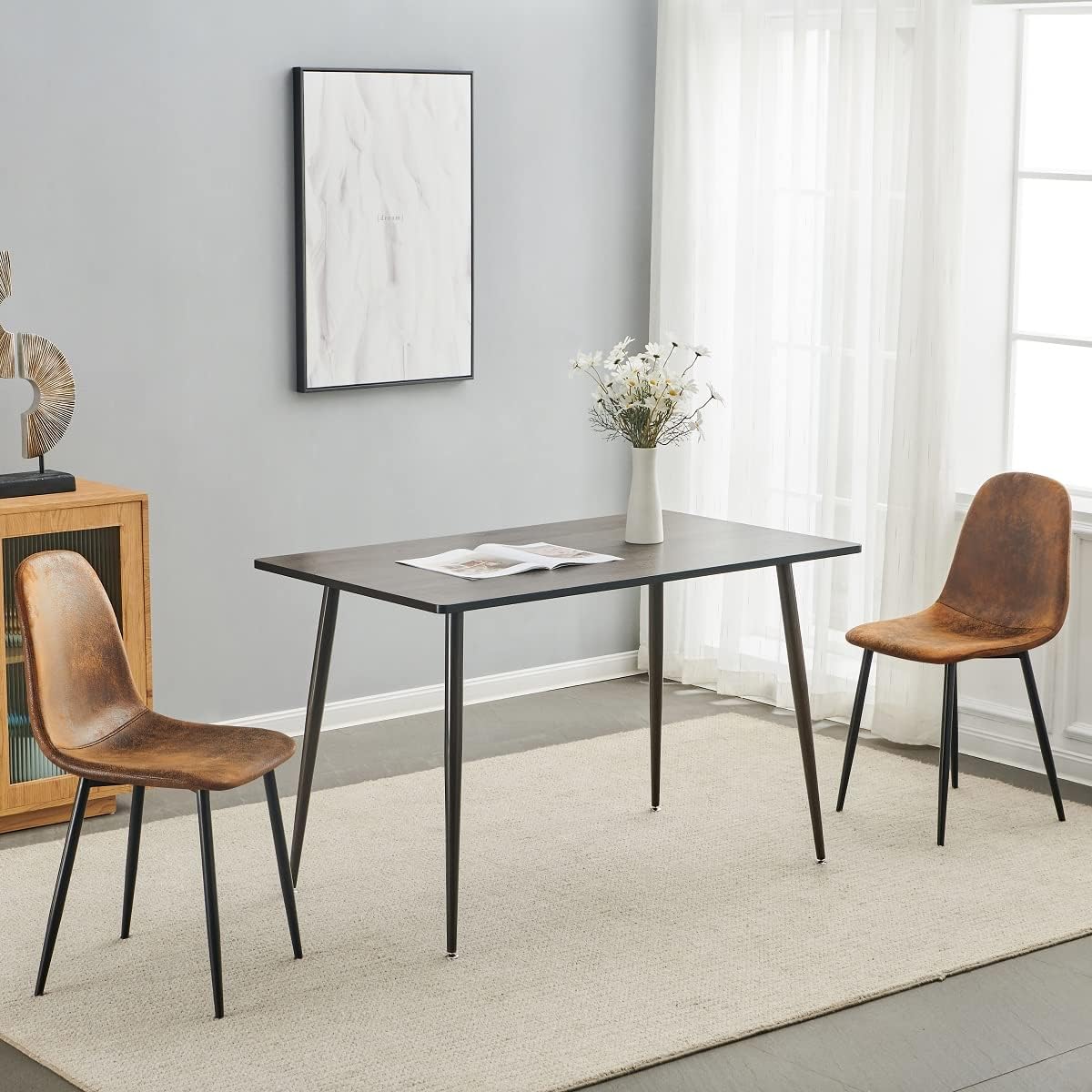 Homy Casa Dining Chairs Set of 2, Modern Mid-Century Style Dining Room Side Chairs Accent Chairs with Black Metal Legs Comfortable for Kitchen Lounge Farmhouse, Rustic Brown, 2PCS