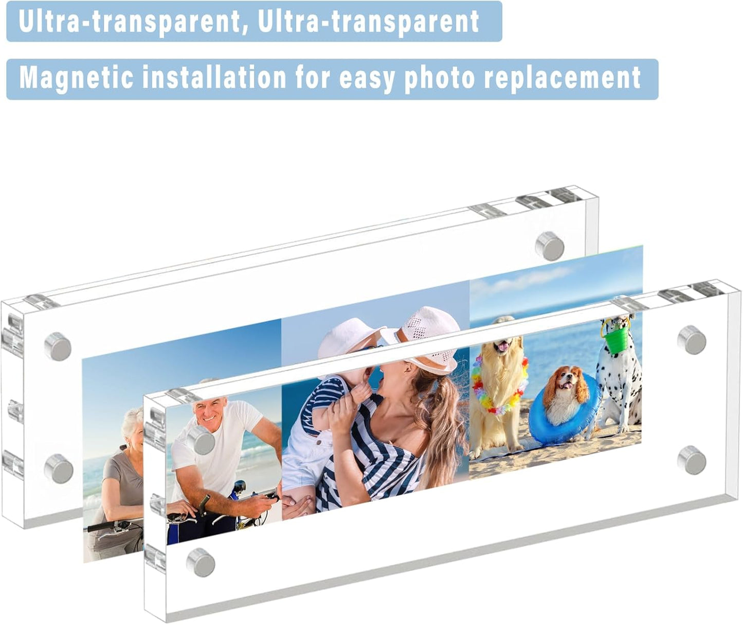 HELPLEX 3 Pack 2x6 Acrylic Picture Frames, 20mm Thicker Frameless Clear Double Sided Magnetic Frame, Free Standing Desktop Display Stand