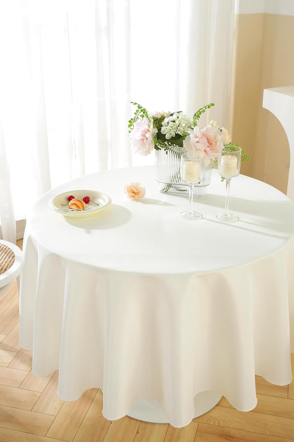 Craft And Party Round Tablecloth, 120 Inch Ivory Tablecloth, Polyester Fabric Washable Table Cloth for Home, Party, Wedding or Restaurant Use.