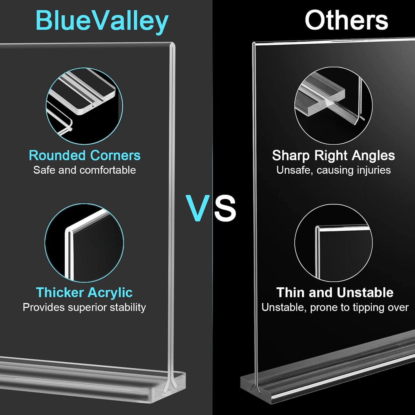 BlueValley Acrylic Sign Holder 5x7 Vertical – 12 Pack Double Sided Clear Plastic Display Stand for Table Menu, Flyer, Photo, Document – Standing Desktop Frame for Office, Retail, Home, Commercial Use