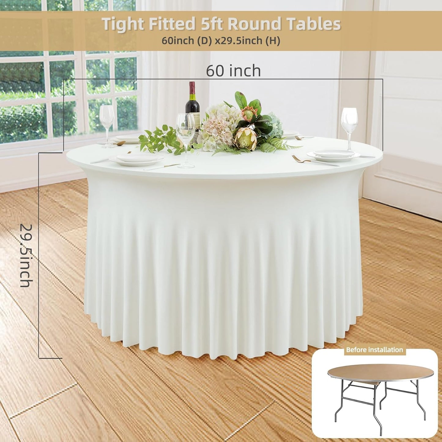 2 Pack Ivory Spandex Round Tablecloths for 60 inch Tables, Wrinkle Free Stretchy Fitted 120inch Round Table Covers 5FT with Ruffle Table Skirt for Wedding Party Dining Banquet Dinning