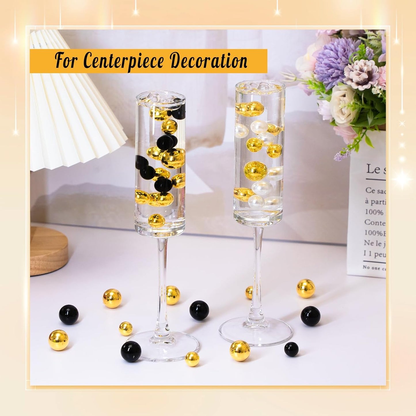 300Pcs Pearl Vase Filler, Black BrightGold No Hole Faux Pearl Beads for Centerpieces Vases, Candle Centerpieces, Wedding Birthday Party Home Decor 8/10/14/20mm