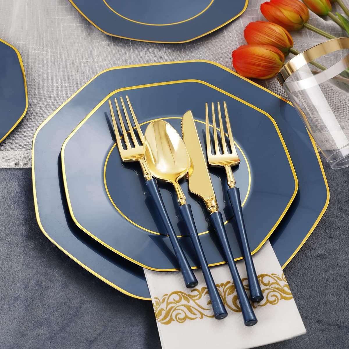 KIRE 140Pcs Blue Plastic Plates with Gold Rim - Gold Disposable Plastic Silverware with Blue Handle&Clear Cups&Hand Napkin - Geometric Party Plates for Holiday/Party