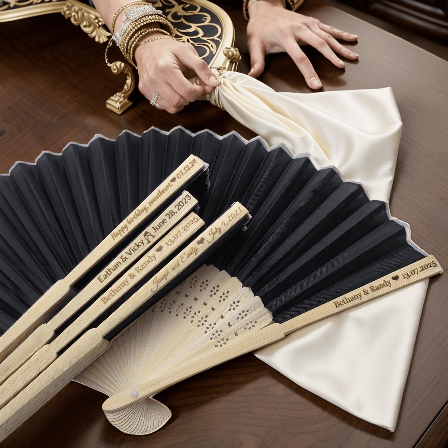 200Pcs Personalized Silk Fans Folding Hand Fan, Custom Wedding Bridal Party Favors, Summer Wedding Bride, Wedding Gift, Thank You Gift (Black)