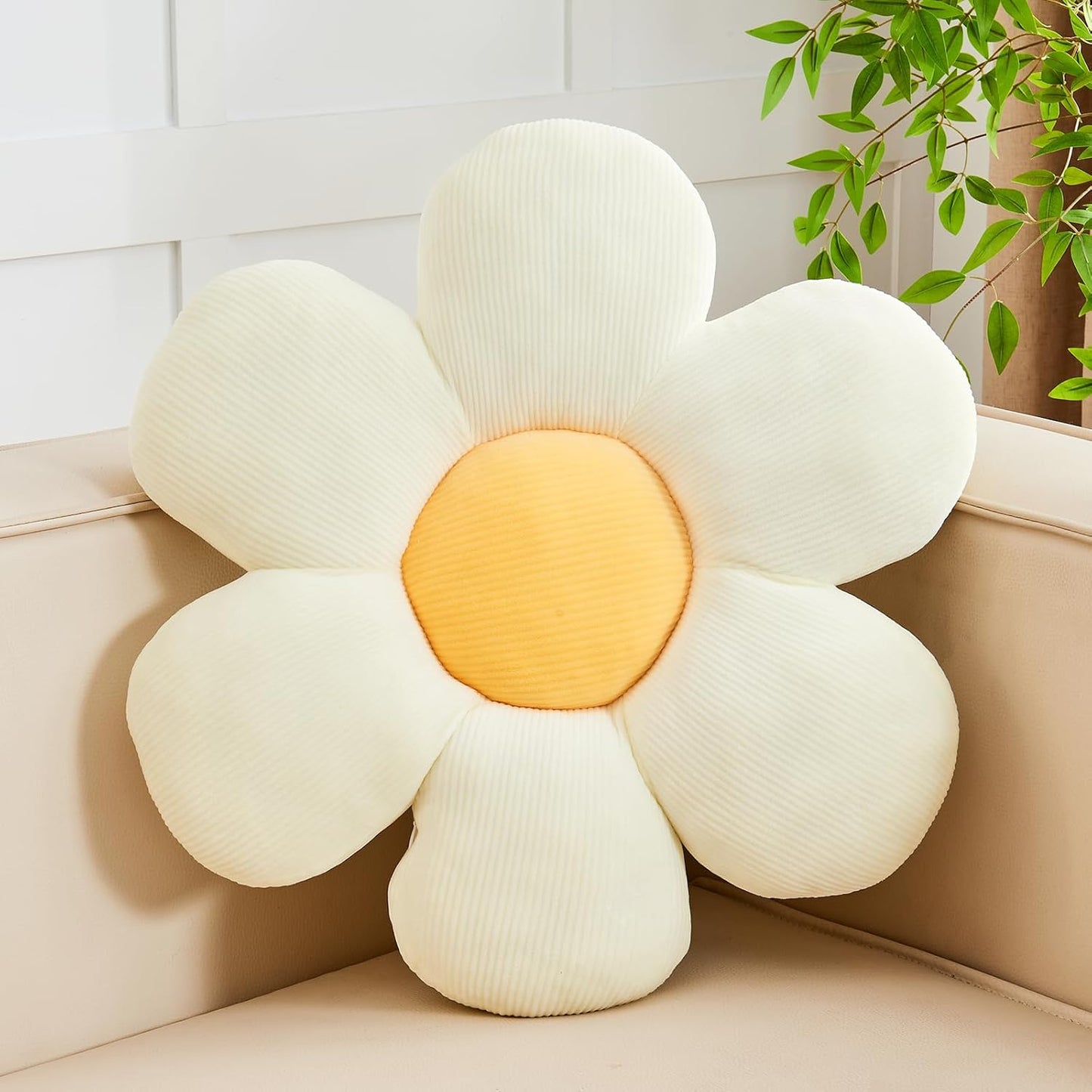 White Yellow Flower Pillow, 19.6" Cute Flower Shaped Floor Pillow, Aesthetic Floral Plush Daisy Decorative Throw Pillows for Bed Sofa Couch