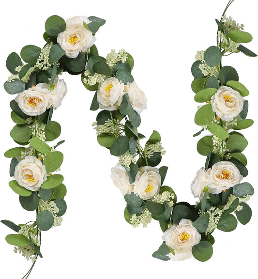 MAKHOT 2PCS 6.6Ft Artificial Eucalyptus Garland, Green Vines and Champagne Artificial Roses Combined to Form an Artificial Rose Garland for Wedding, Table, Party, Fireplace, and Home Decor.