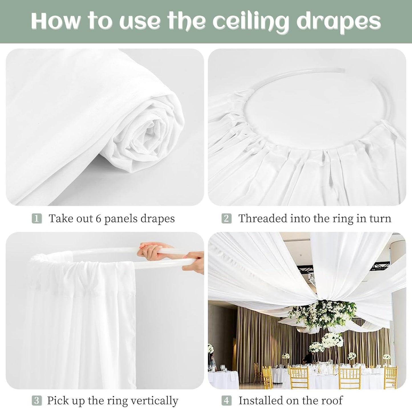 6 Panels White Wedding Ceiling Drapes 5ftx40ft Ceiling Drapes Chiffon Fabric Arch Draping Sheer Curtains Soft Drapery Draping Wedding Ceiling Decorations for Party Ceremony Stage Swag